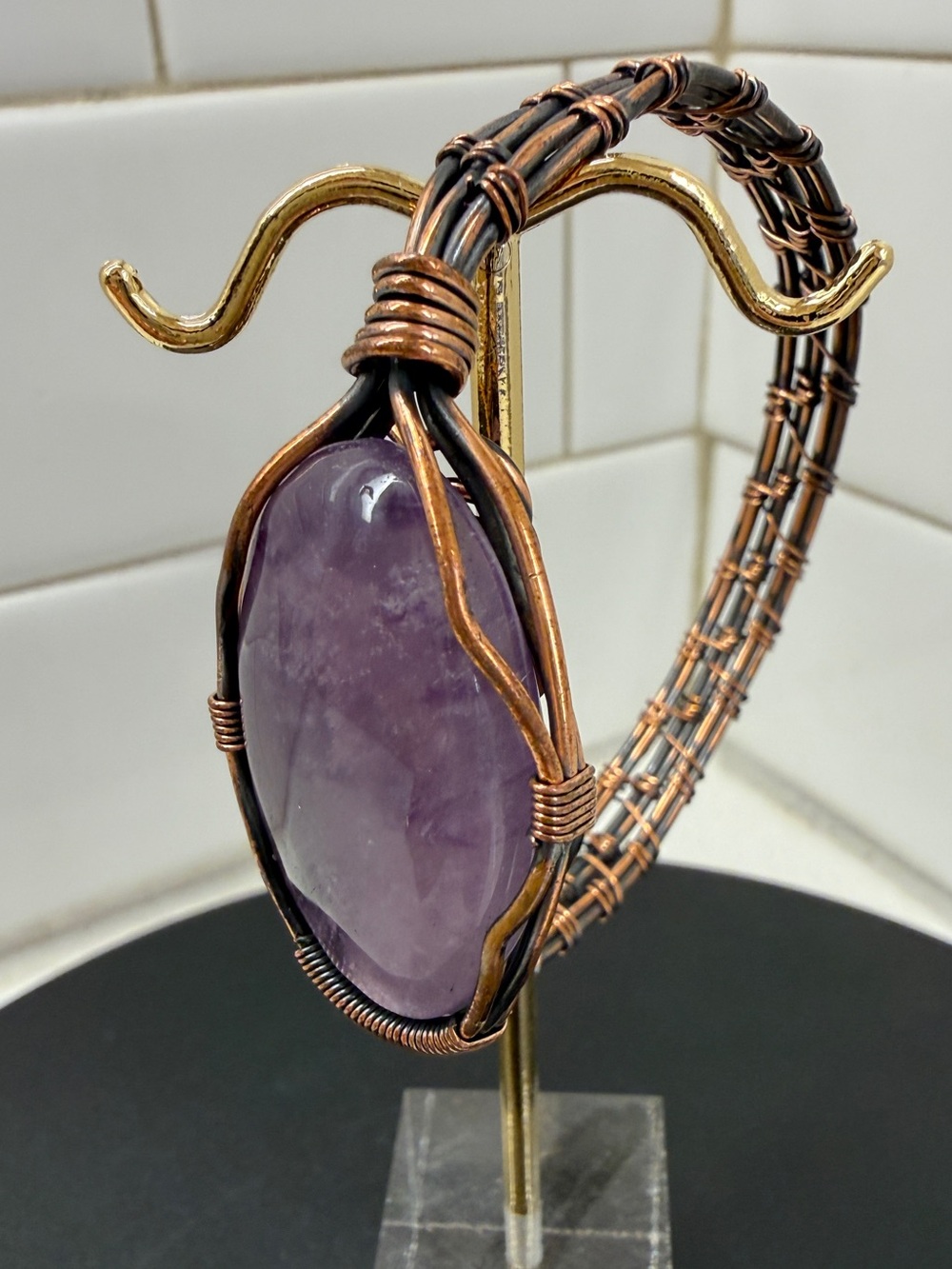 Artisan Amethyst Copper Wire Wrapped Cuff Bracelet Boho